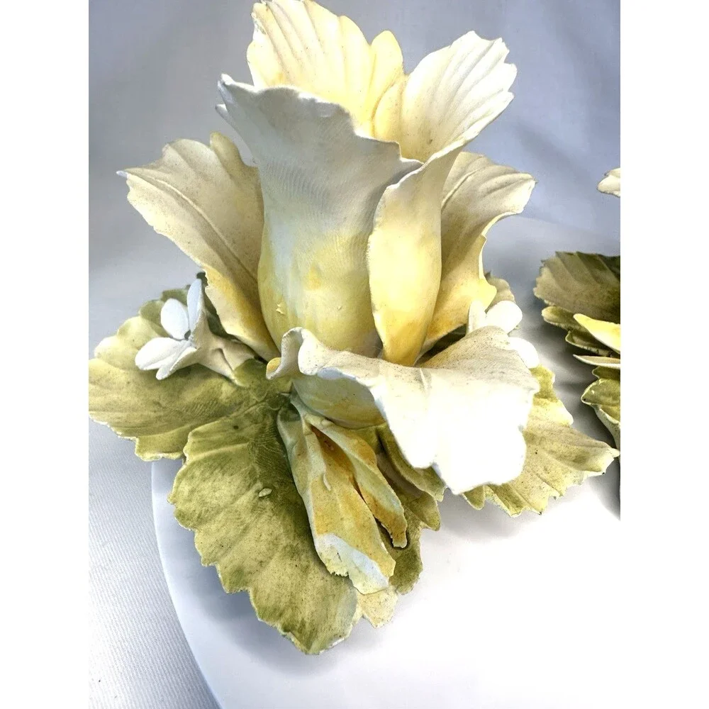Vintage Set of 2 Mira Capodimonte Rose Single Candle Holders Yellow &White Italy